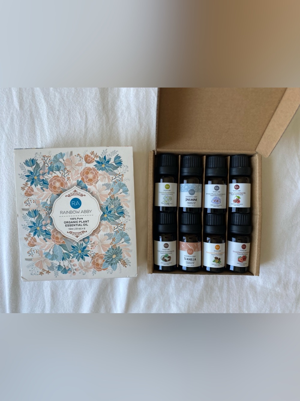 Rainbow Organic Essential Oil Set - Blue Floral Box with Amber Bottles